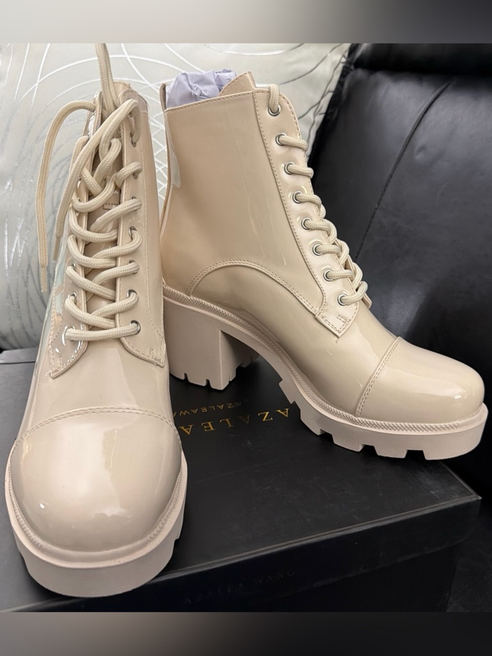 Patent Lace-Up Chunky Heel Boots in Beige - Women's